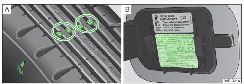 Fig. 133 Principle sketch: Tyre tread with wear indicators/Open fuel filler flap with a table detailing the tyre sizes and tyre pressures